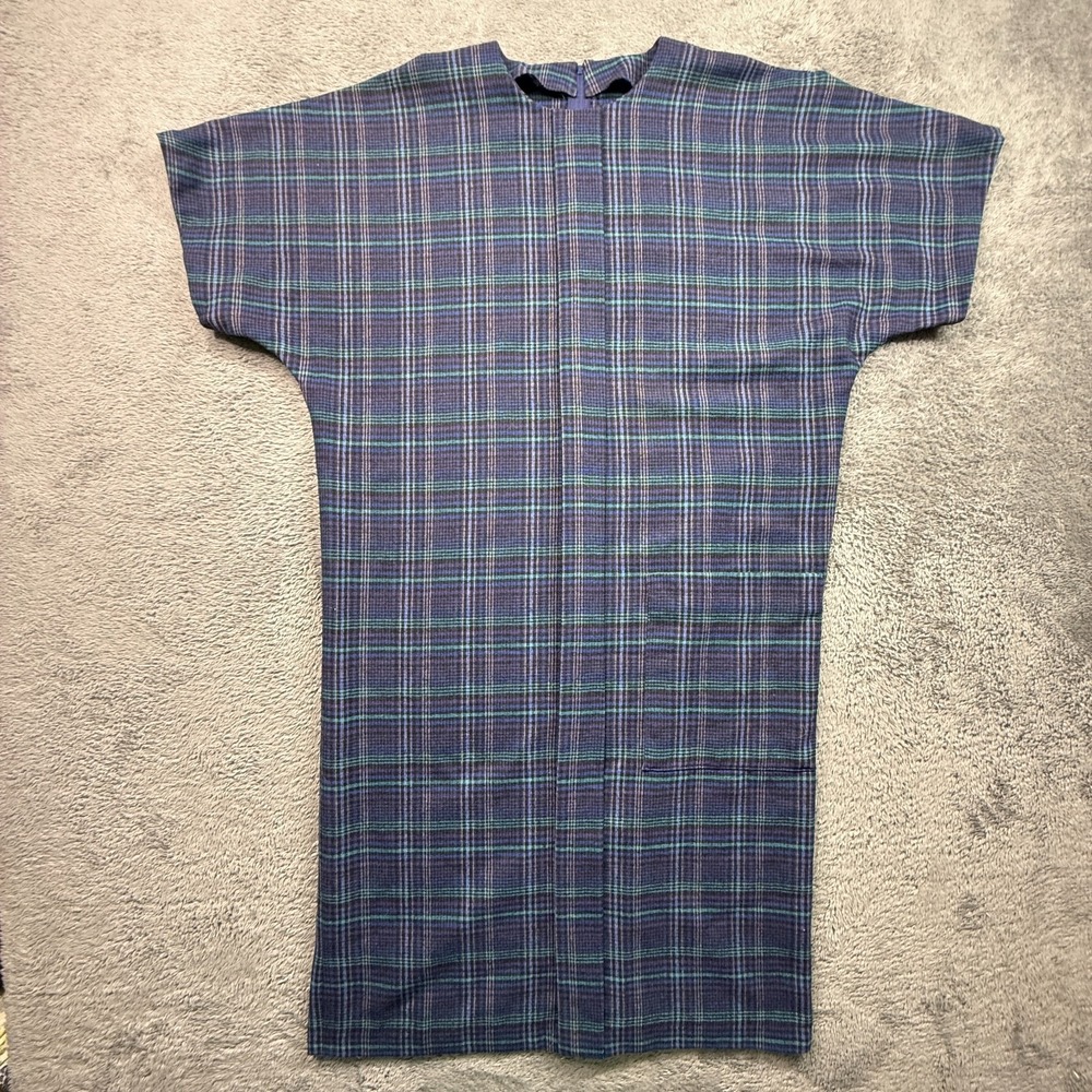 Vintage 80s Wool Plaid Dolman Sleeve Midi Dress Blue Purple Teal Shift Sz M L
